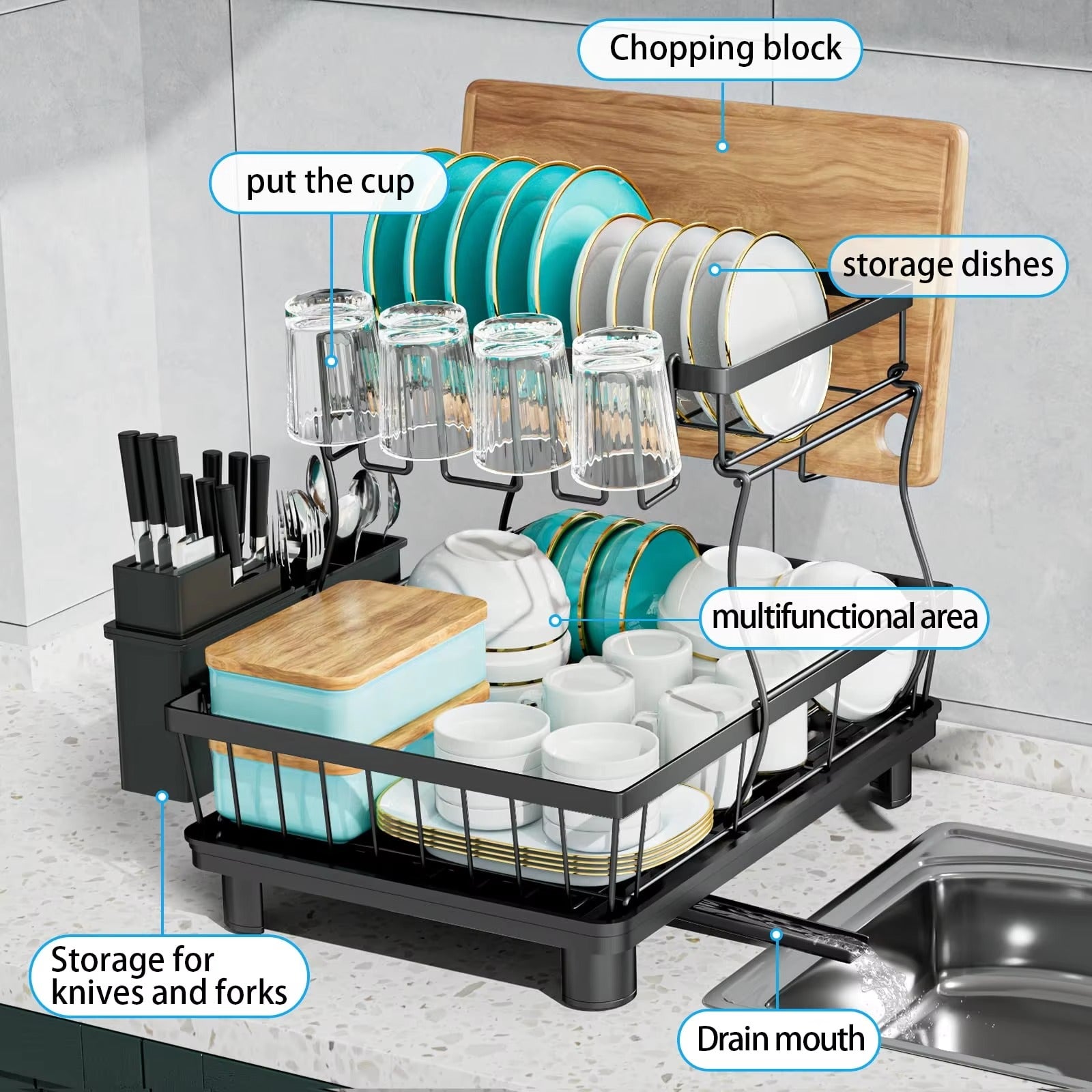 Detachable 2 Tier Dish Rack for Kitchen Counter